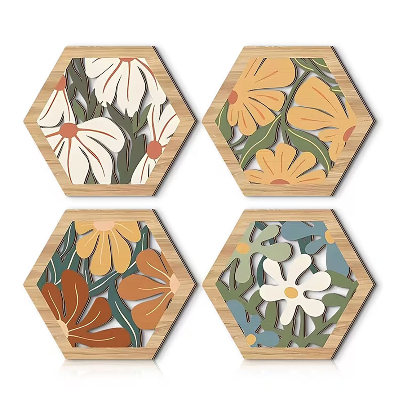 Xfasten Woodworking Tape - 4Pcs Boho Floral Hexagon Wooden Wall